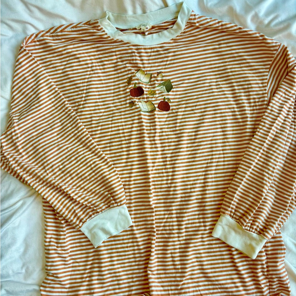 Orange Striped Fall Themed Embroidered Long Sleeve Shirt - Woman’s Size Large